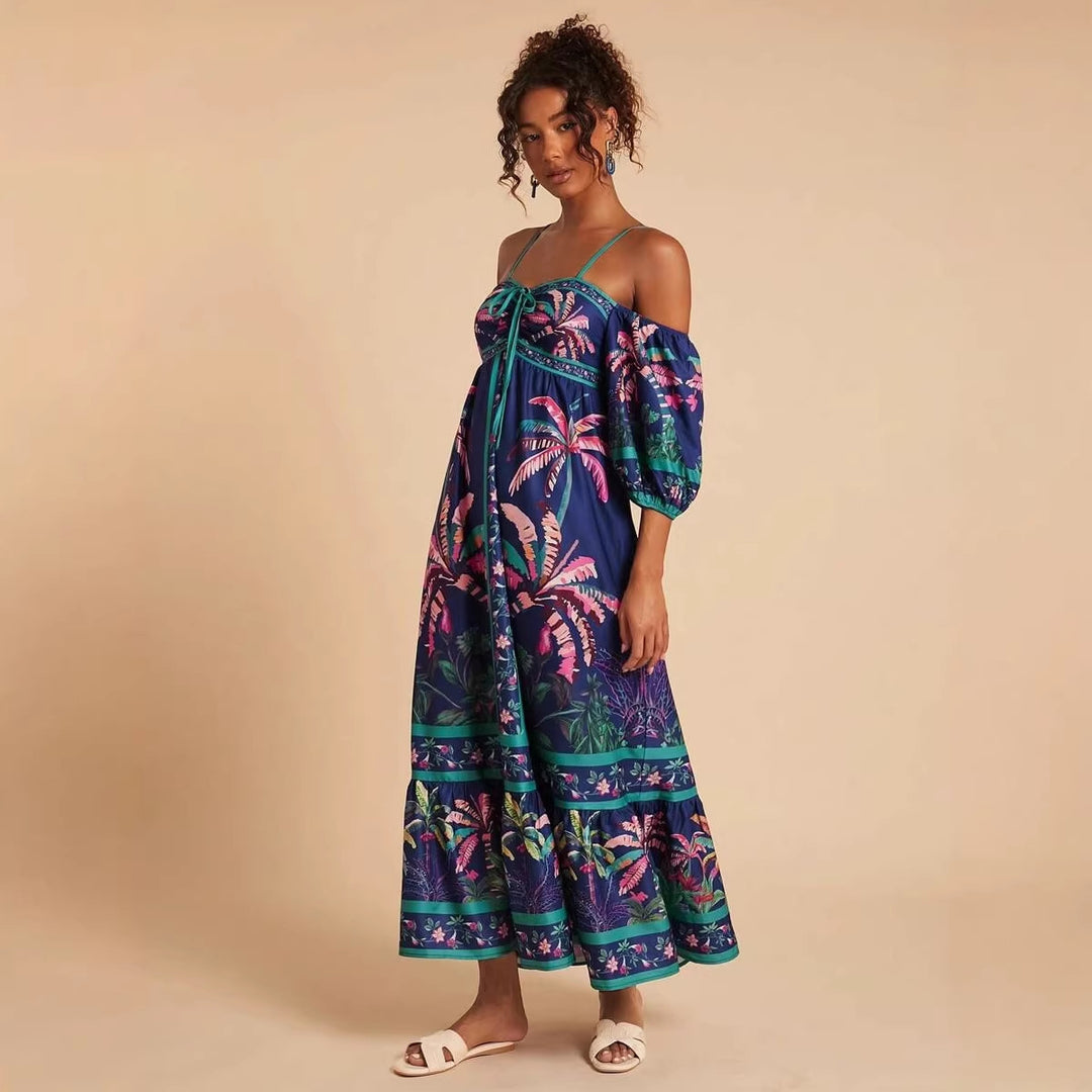 Damen Maxikleid mit schulterfreiem Design und tropischem Druck Drune