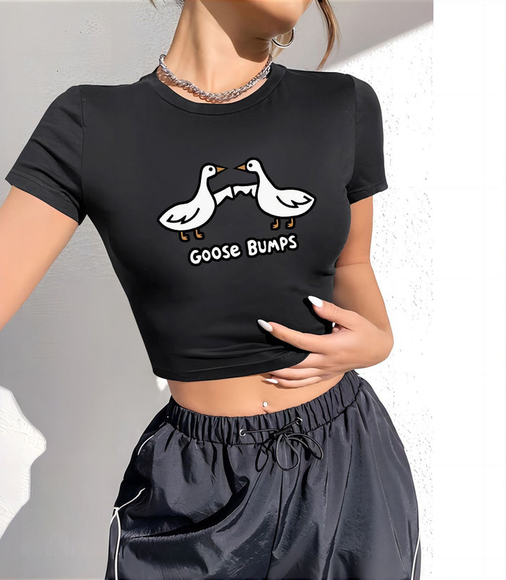 Damen Crop-T-Shirt mit modernem Grafiken-Aufdruck Drune