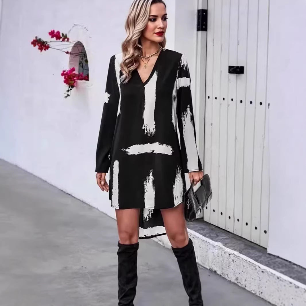 Damen modisches Langarmkleid mit kreativem Pinselstrich-Design Drune