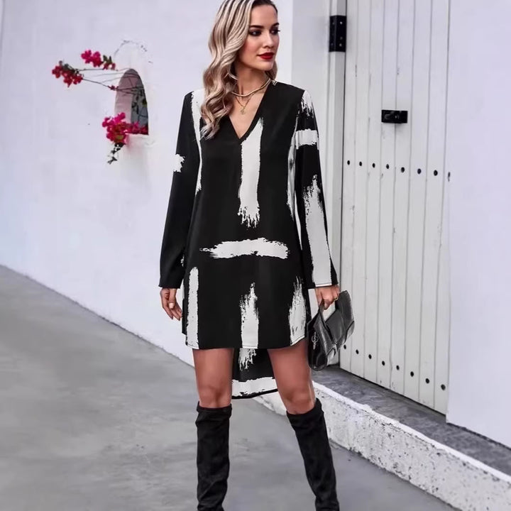 Damen modisches Langarmkleid mit kreativem Pinselstrich-Design Drune