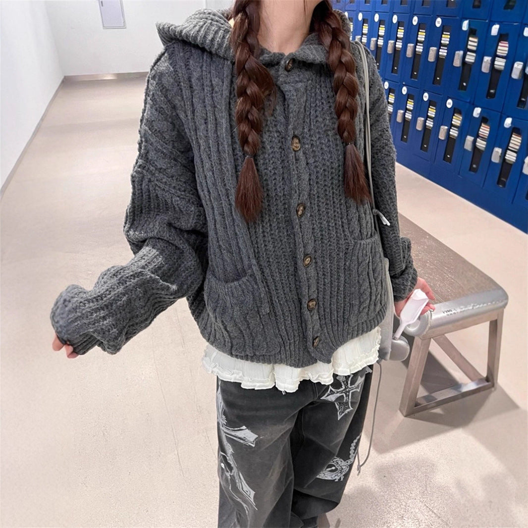 Damen Grobstrickjacke mit Kapuze und großen Taschen Drune