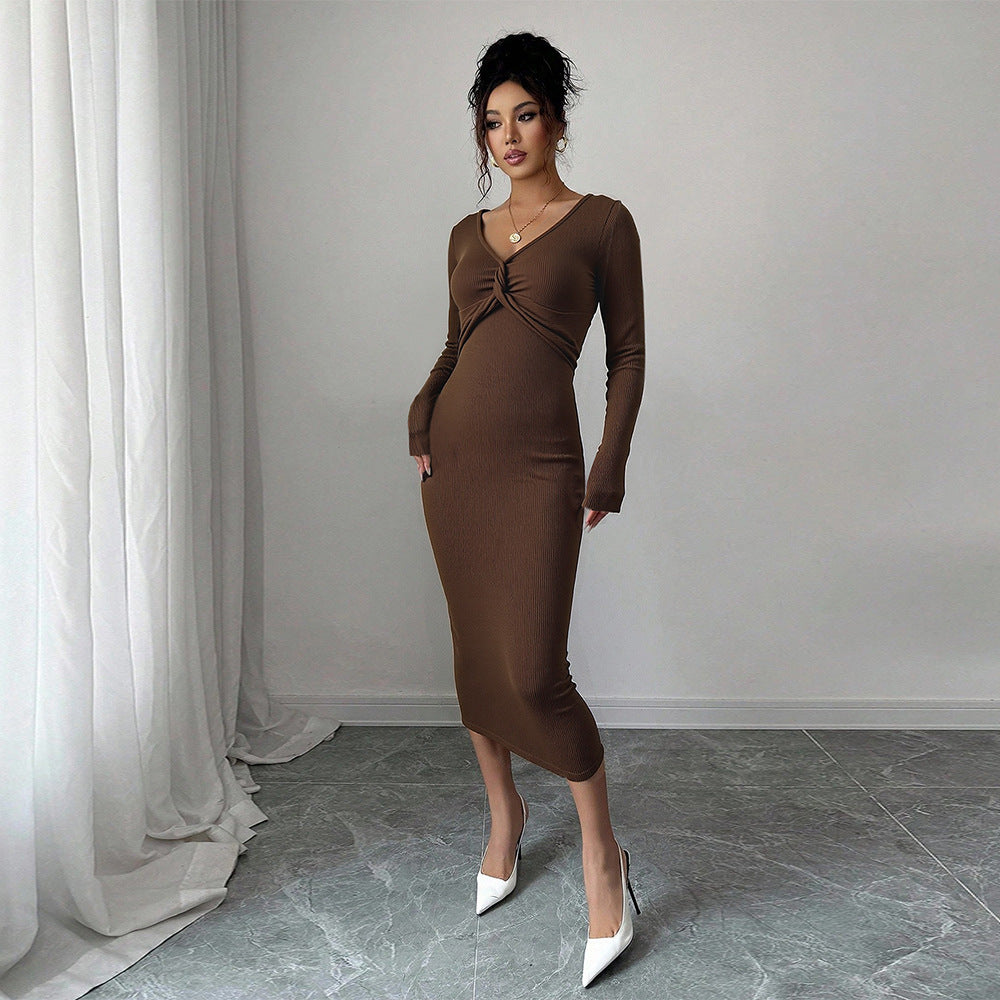 Damen figurbetontes Jersey-Midikleid mit Twist-Detail und langen Ärmeln Drune