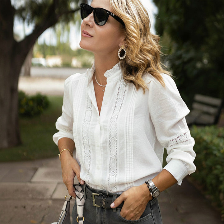 Damen elegante Bluse mit floralen Spitzenakzenten und raffinierter Knopfleiste Drune