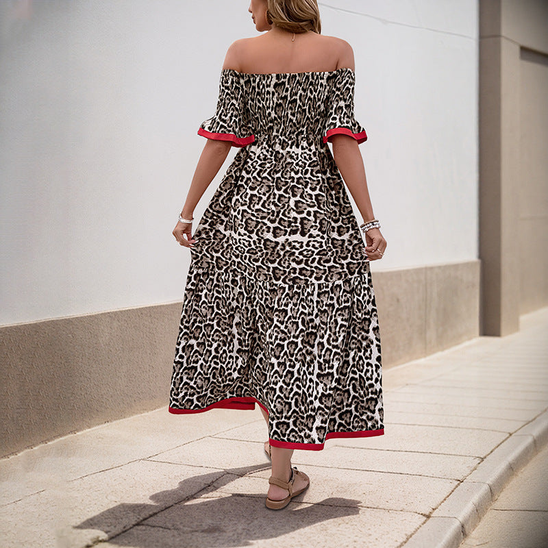 Damen Off-Shoulder Maxikleid mit Rüschendetails und animalischem Muster Drune