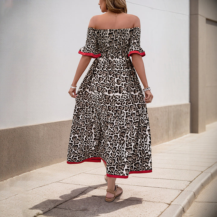 Damen Off-Shoulder Maxikleid mit Rüschendetails und animalischem Muster Drune