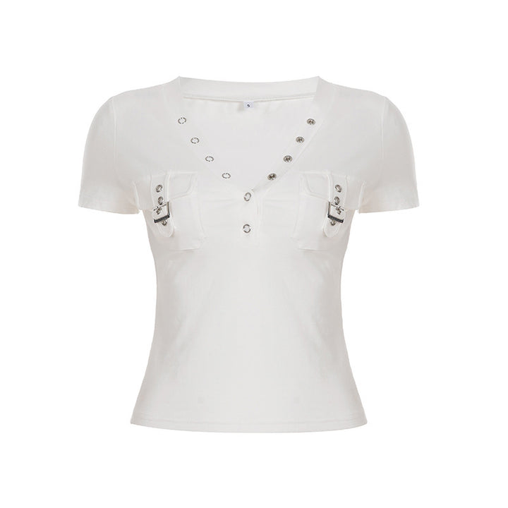 Damen Kurzarm Shirt mit dekorativem V-Ausschnitt und praktischem Taschen-Design Drune