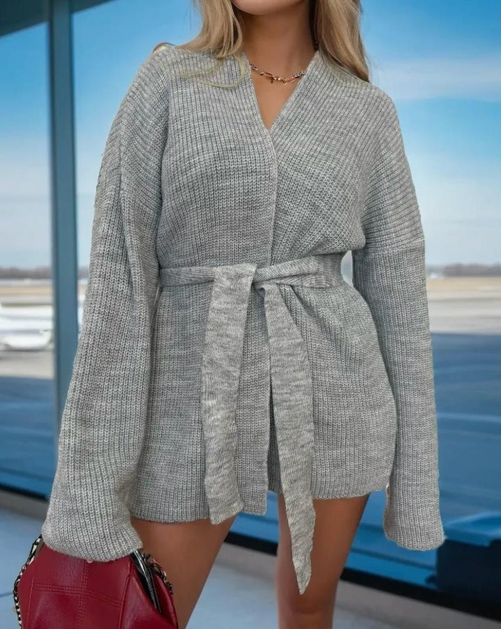 Damen Strickjacke mit Bindegürtel und weit geschnittenen Ärmeln Drune