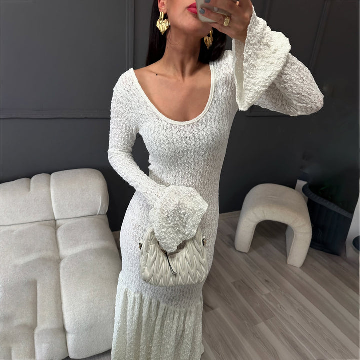Damen Maxikleid mit raffiniertem Rüschensaum und angesagtem Strickdesign Drune