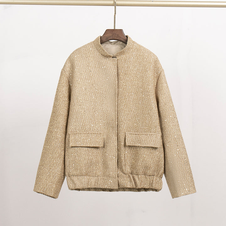 Damen Elegante Funkelnde Jacke mit Taschen und elastischem Saum Drune