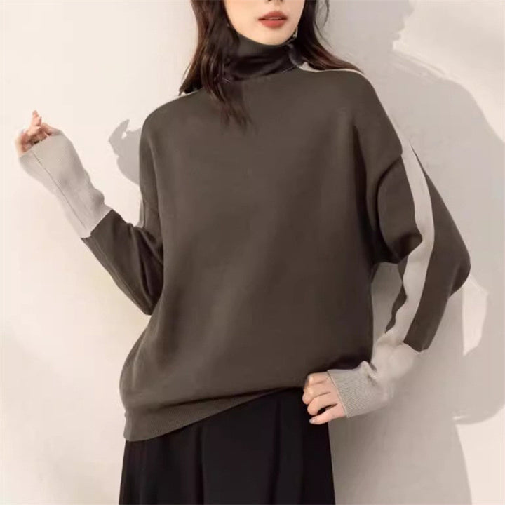 Damen Oversized Pullover mit modernem Rollkragen und kontrastierenden Ärmelakzenten Drune