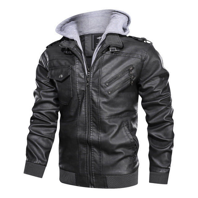 Herren lässige Lederjacke mit abnehmbarer Kapuze und funktionalen Taschen Drune