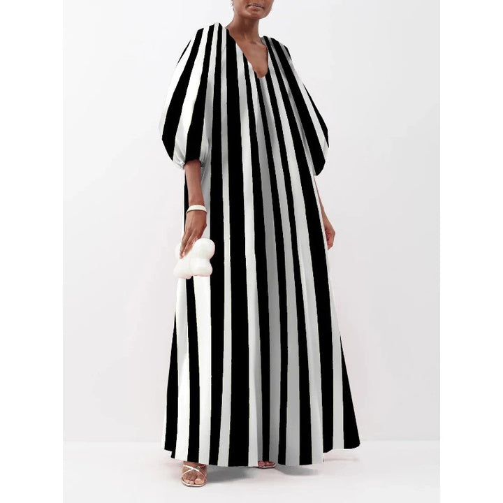 Damen gestreiftes Maxikleid mit Puffärmeln Drune