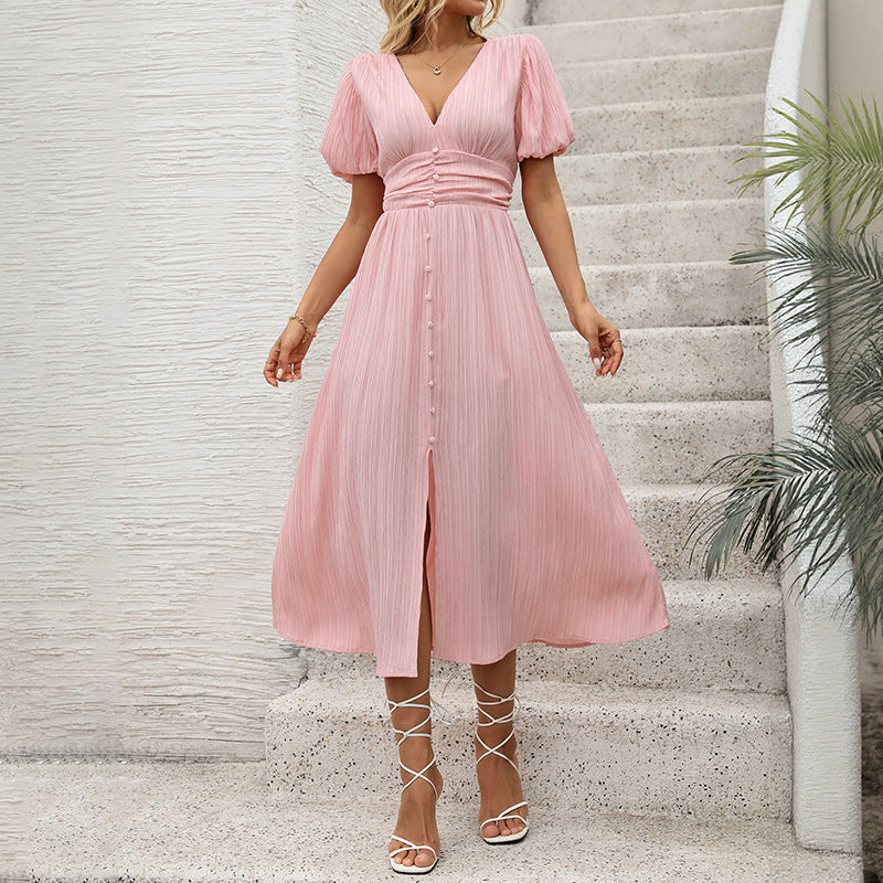 Damen Maxikleid mit elegantem V-Ausschnitt und knöpfbarem Design Drune