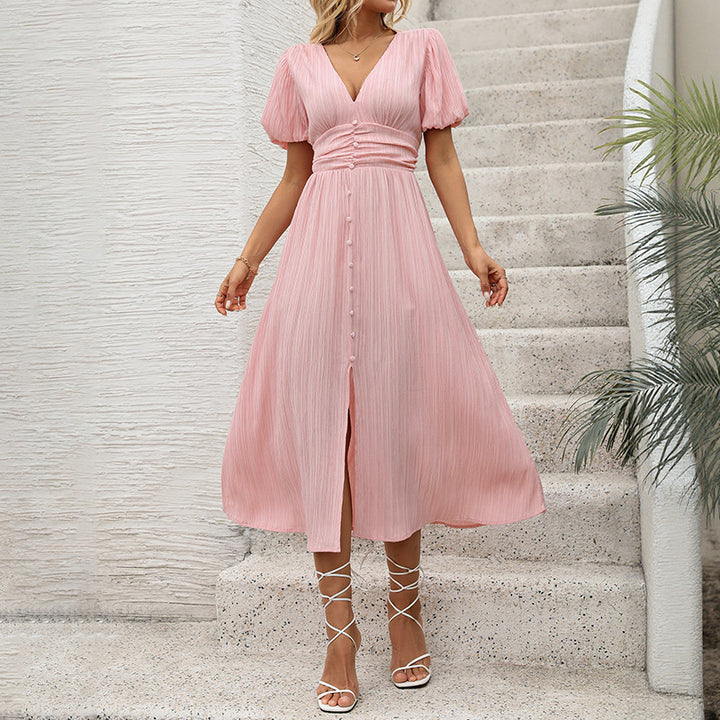 Damen Maxikleid mit elegantem V-Ausschnitt und knöpfbarem Design Drune