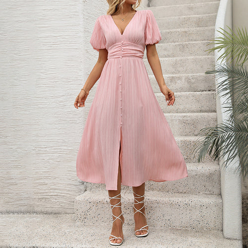 Damen Maxikleid mit elegantem V-Ausschnitt und knöpfbarem Design Drune