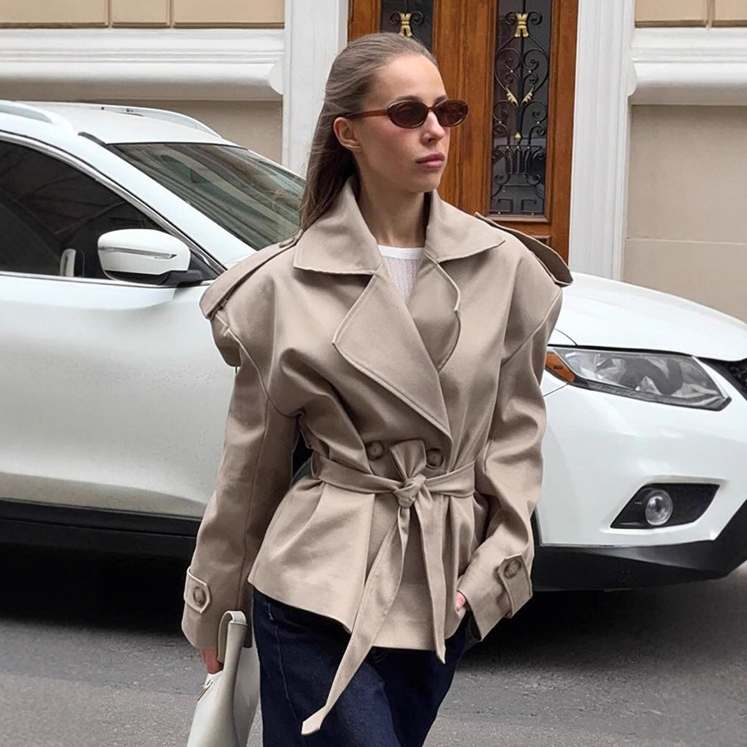 Damen Trenchcoat mit breitem Kragen und Gürtel Drune