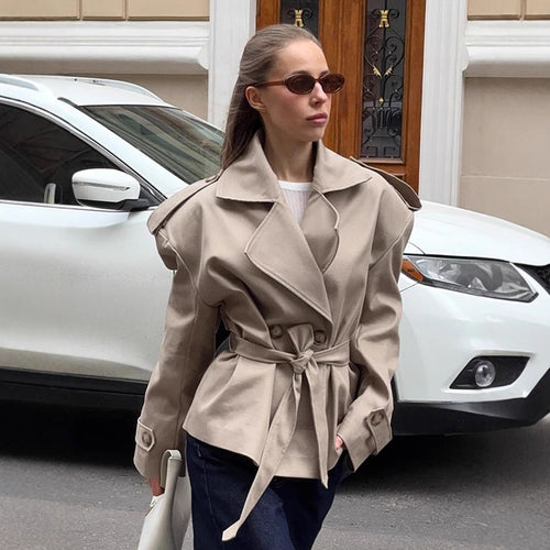 Damen Trenchcoat mit breitem Kragen und Gürtel Drune