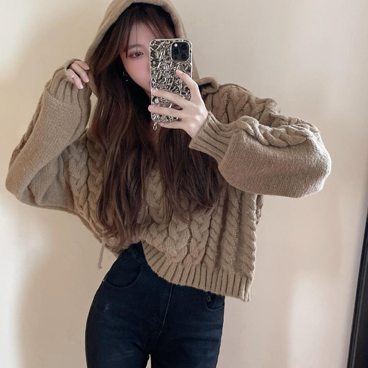 Damen Zopfmuster Pullover mit Kapuze und V-Ausschnitt Drune