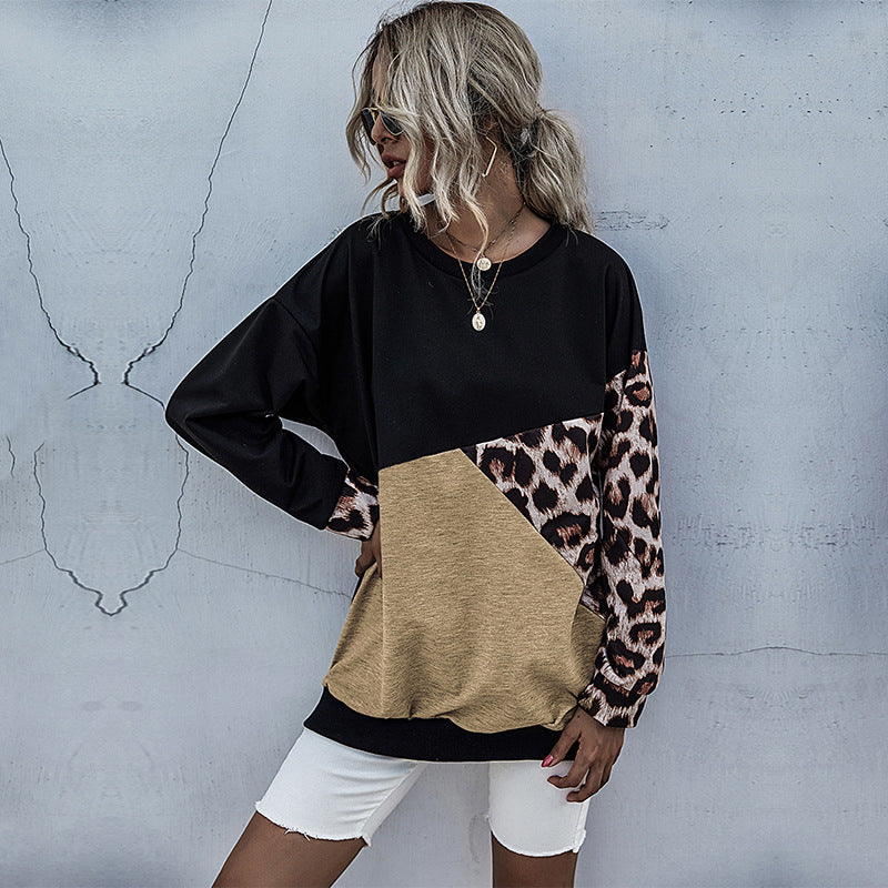 Damen lässiger Sweatshirt mit animalischen Mustern und kreativen Farbblöcken Drune