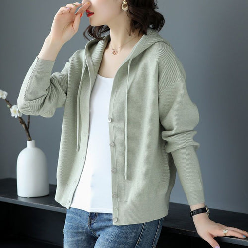 Damen lässige Strickjacke mit Kapuze und Knopfverschluss Drune