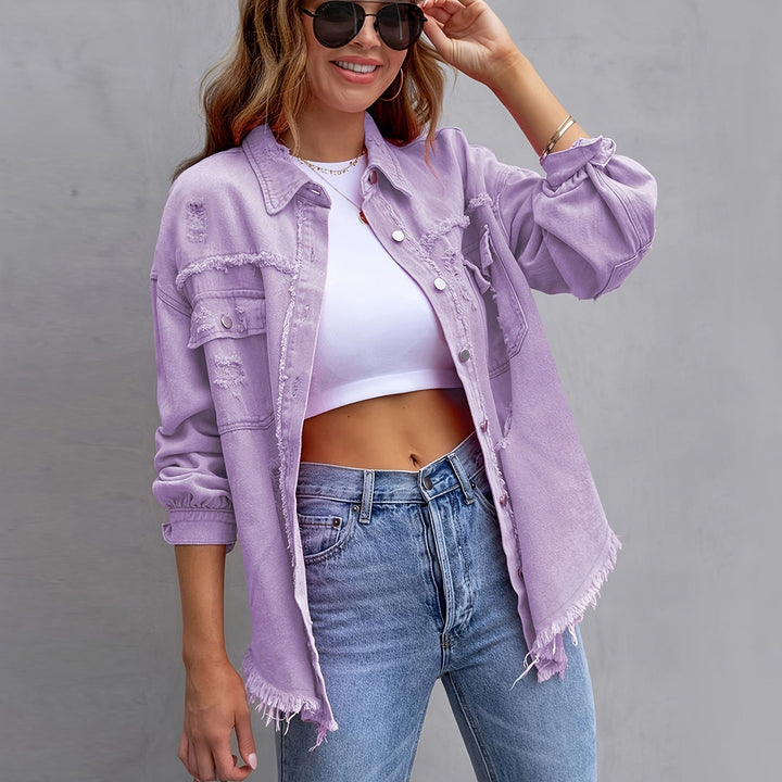Damen oversized Jeansjacke mit fransigen Säumen und aufgesetzten Taschen Drune