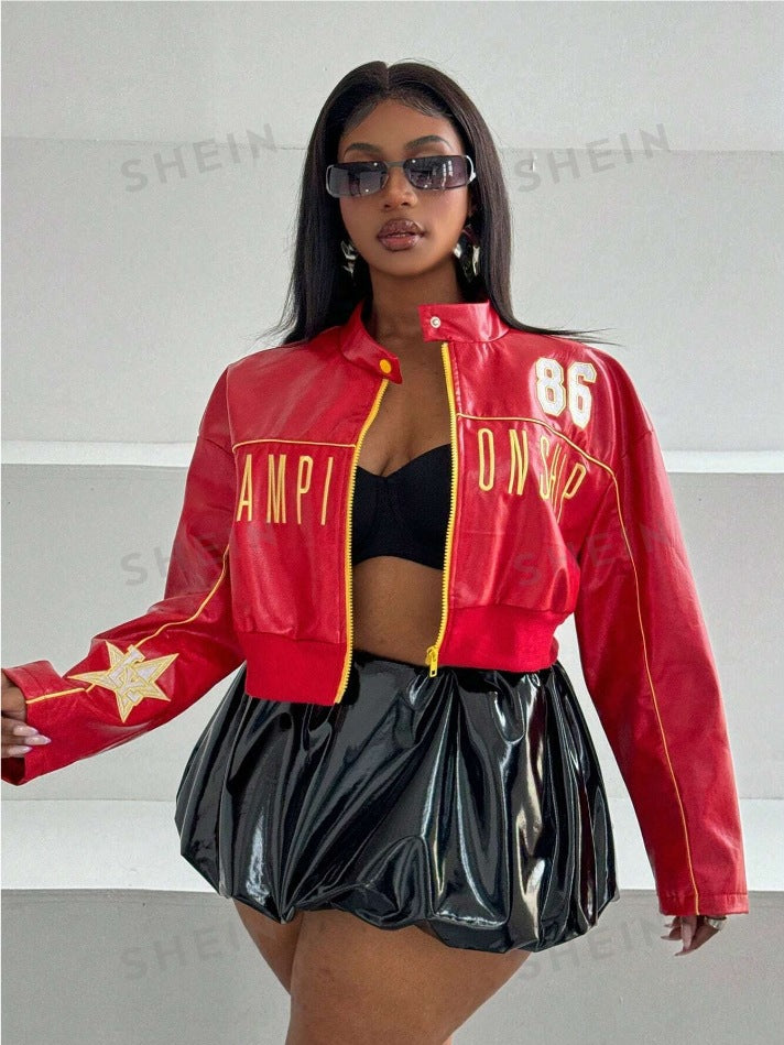 Damen cropped Kunstlederjacke mit sportiven Details Drune