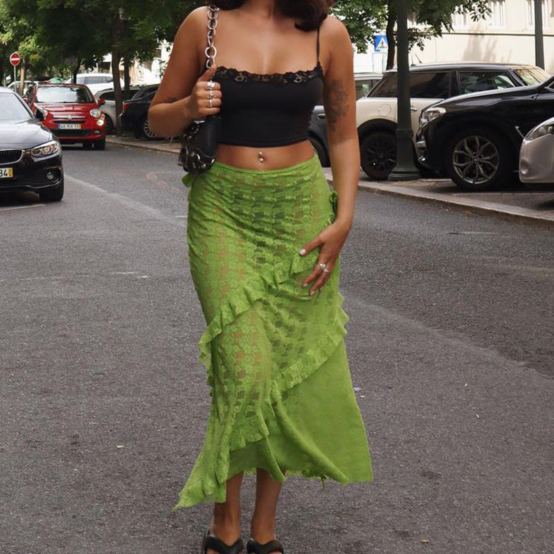 Damen Lange Spitzenrock mit asymmetrischem Rüschenverlauf und eleganter Blumenspitze Drune