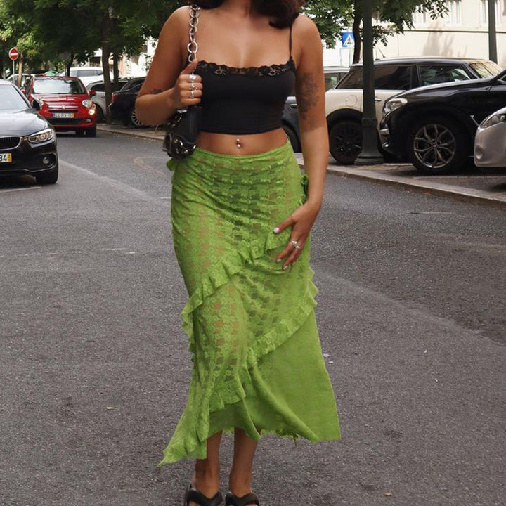 Damen Lange Spitzenrock mit asymmetrischem Rüschenverlauf und eleganter Blumenspitze Drune