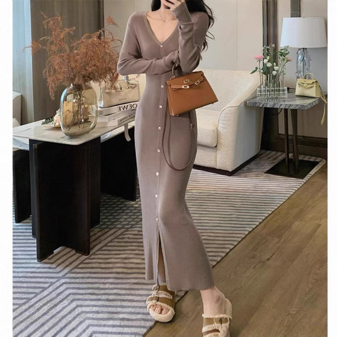 Damen Elegantes Maxikleid mit Knopfdetails und V-Ausschnitt Drune