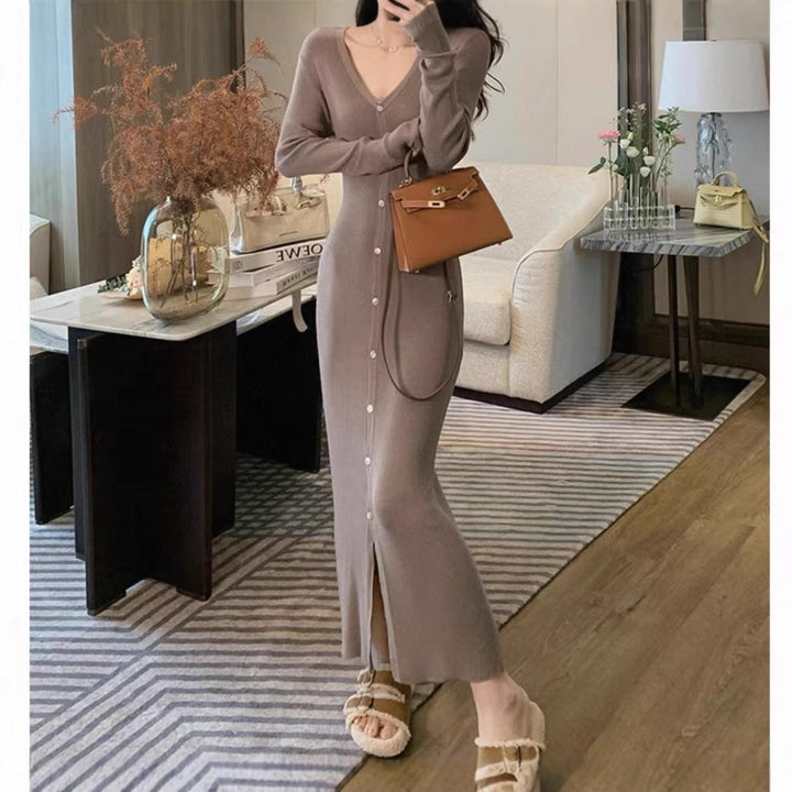 Damen Elegantes Maxikleid mit Knopfdetails und V-Ausschnitt Drune