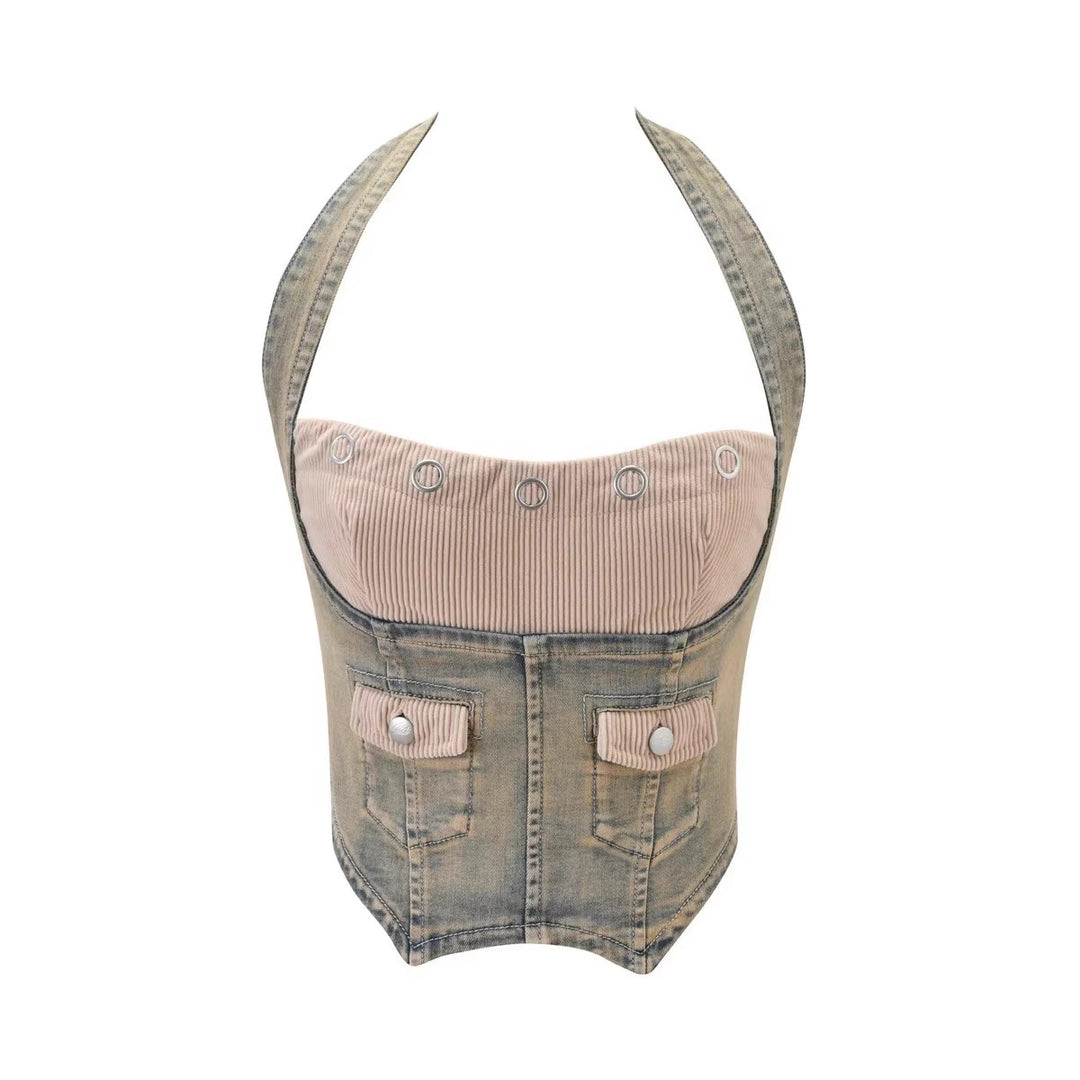 Damen Denim Bustier mit Cord-Ausschnitt Drune