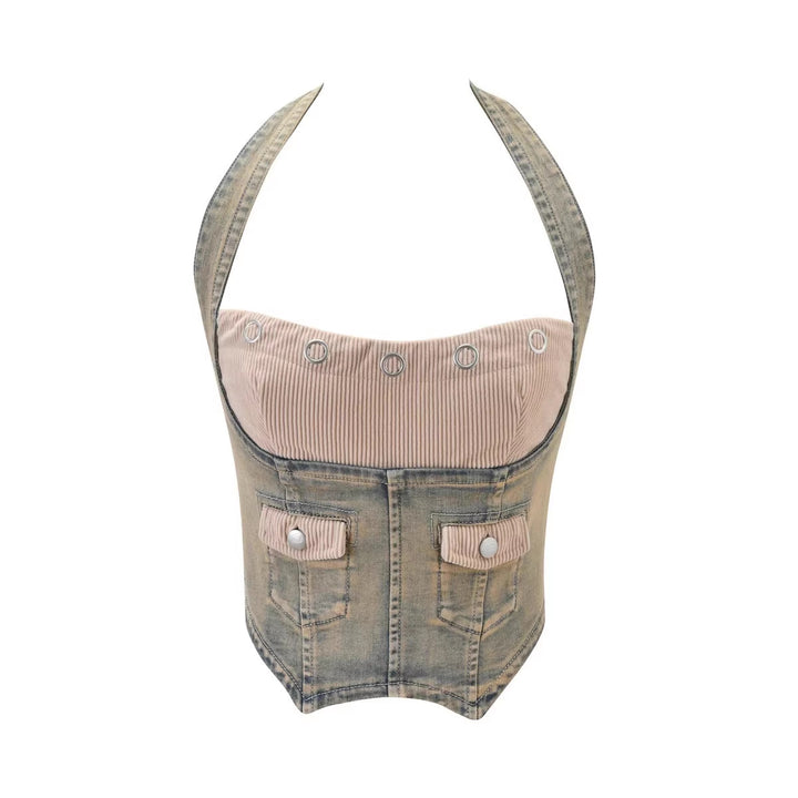 Damen Denim Bustier mit Cord-Ausschnitt Drune