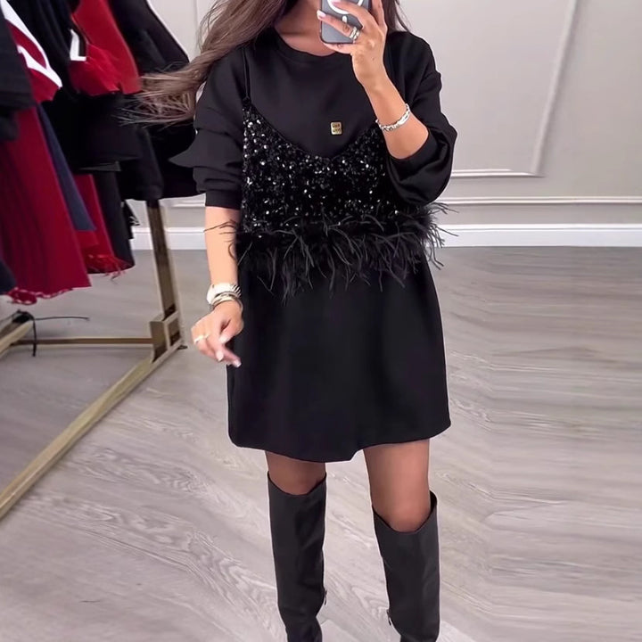 Damen modisches Sweatkleid mit glitzerndem Oberteil Drune