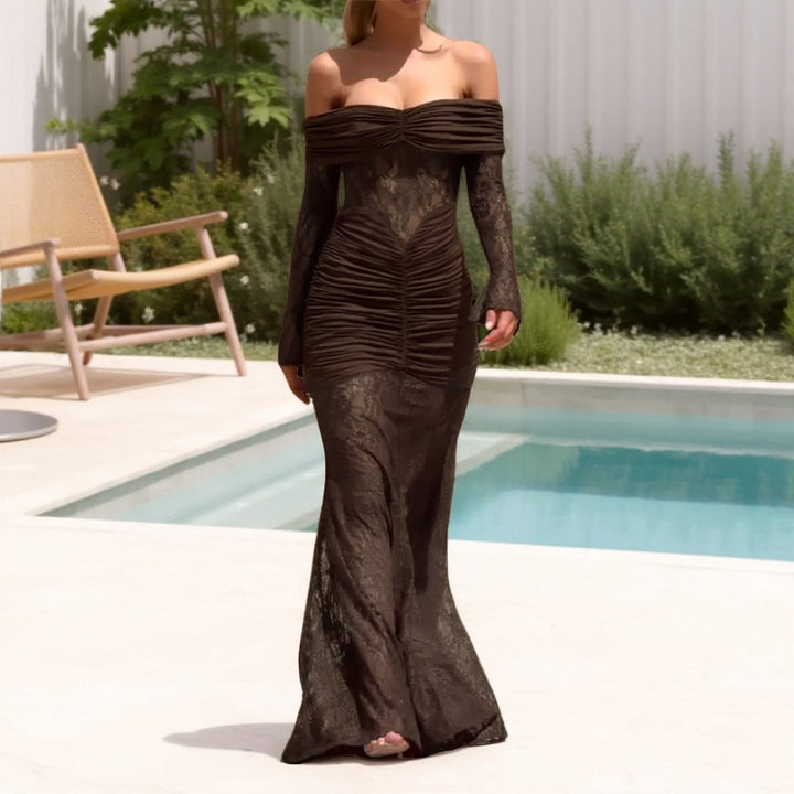 Damen Elegantes schulterfreies Maxikleid mit gerafftem Design und langen Ärmeln Drune