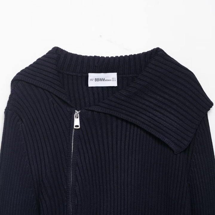 Damen modische Strickjacke mit asymmetrischem Kragen und Reißverschluss Drune