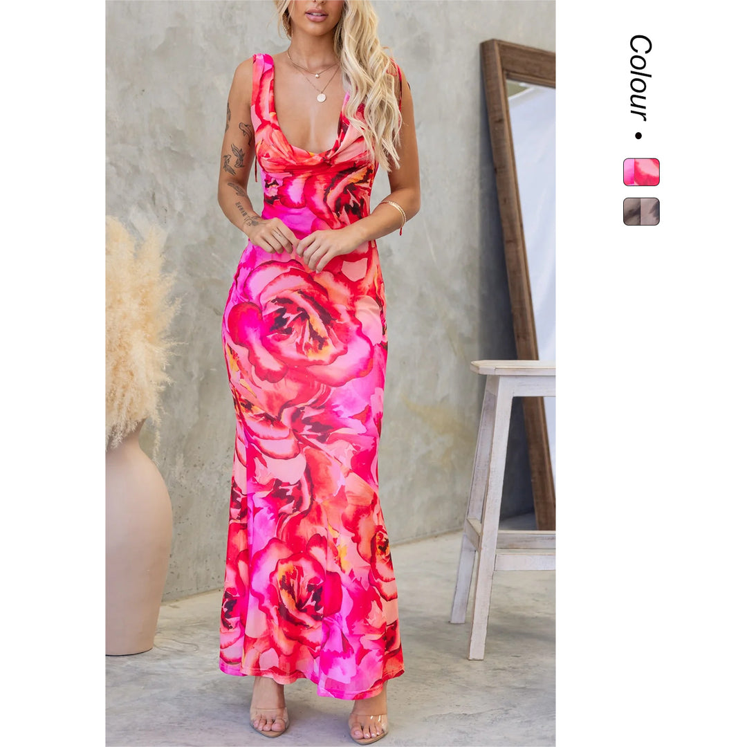 Damen Maxikleid mit elegantem Wasserausschnitt und floralen Akzenten Drune