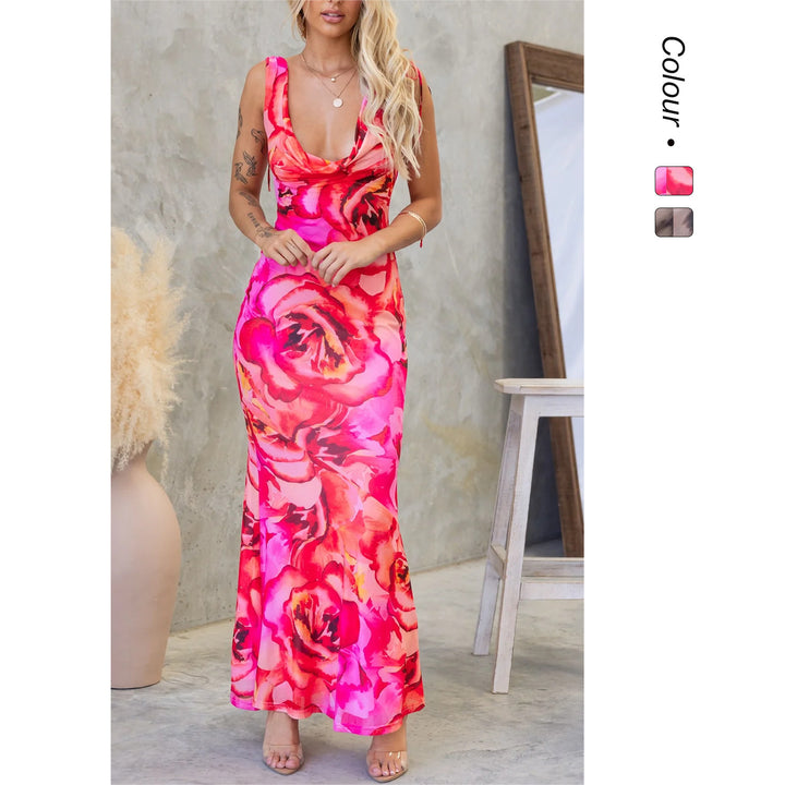 Damen Maxikleid mit elegantem Wasserausschnitt und floralen Akzenten Drune