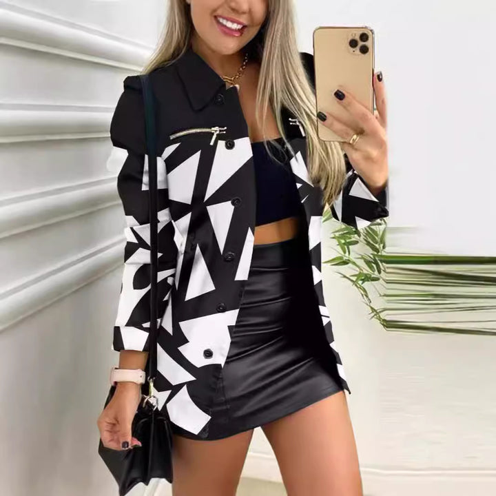 Damen nan gemusterter Blazer mit geometrischem Print, Reißverschlusstasche und durchgehender Knopfleiste Drune