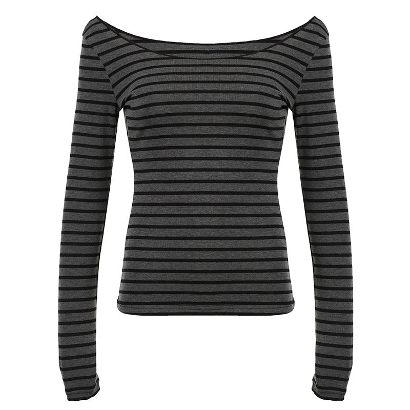 Damen nan schulterfreies gestreiftes Langarmshirt mit weitem U-Boot-Ausschnitt und figurbetonter Taillierung Drune