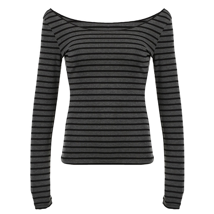 Damen nan schulterfreies gestreiftes Langarmshirt mit weitem U-Boot-Ausschnitt und figurbetonter Taillierung Drune
