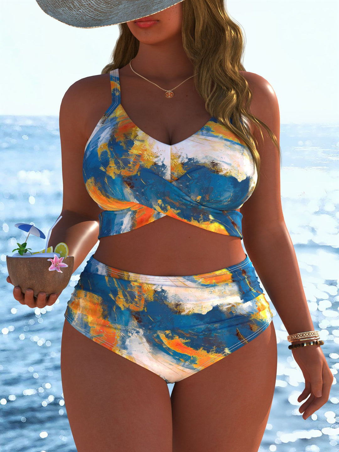 Damen Bikini-Set mit stylischem Marmormuster und hohem Taillenschnitt Drune