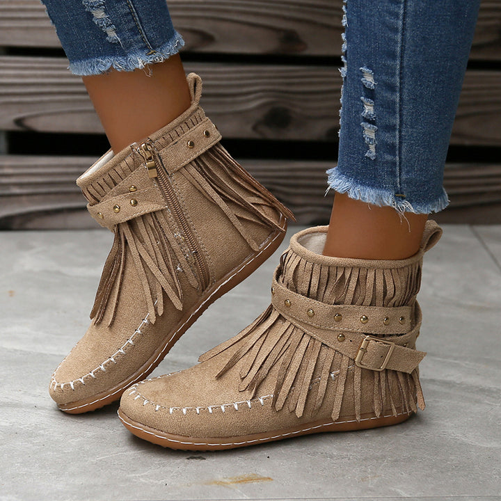 Damen Mokassin-Stiefeletten mit Fransen und dekorativen Schnallen Drune