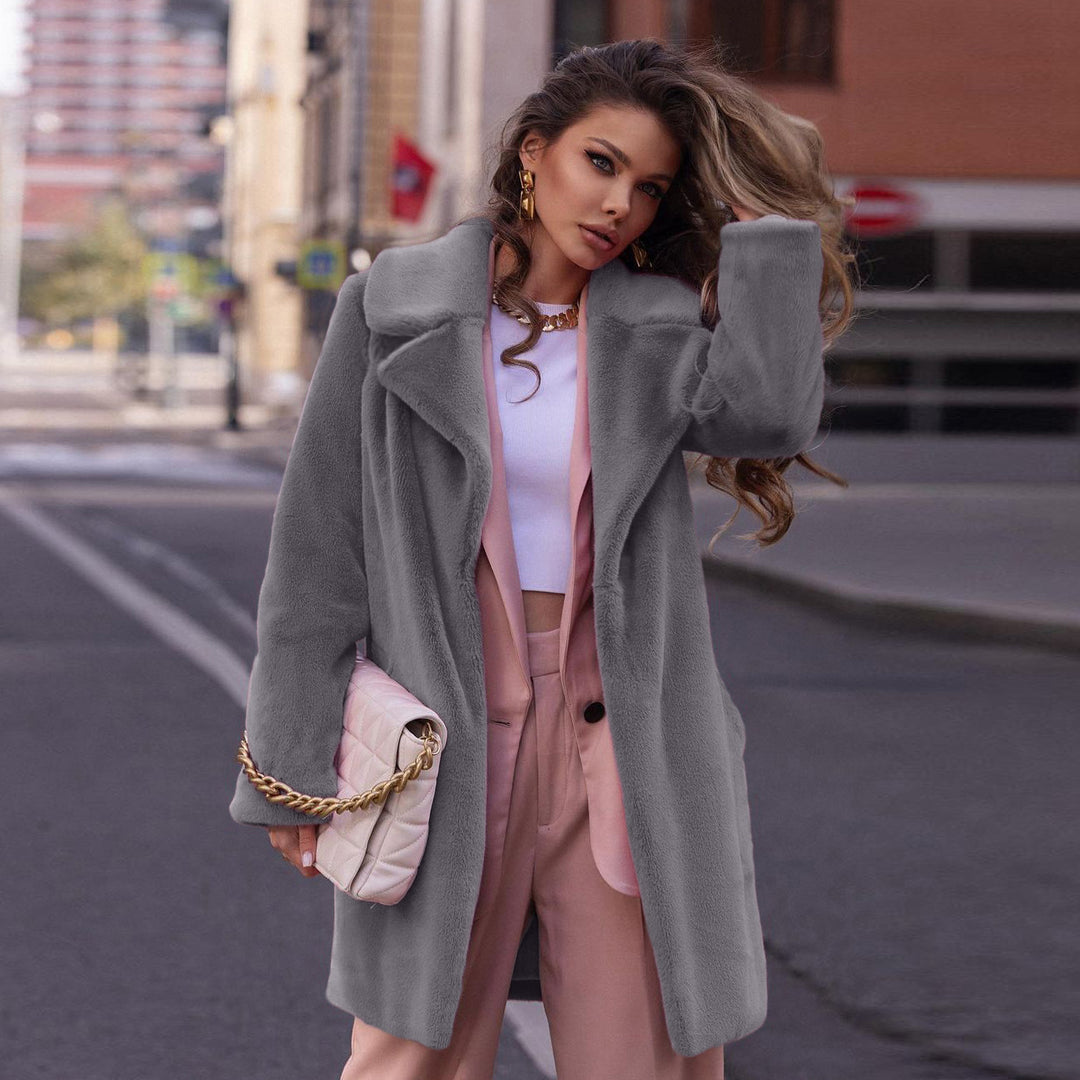Damen Eleganter Kunstpelzmantel mit breitem Revers und weitem Schnitt Drune