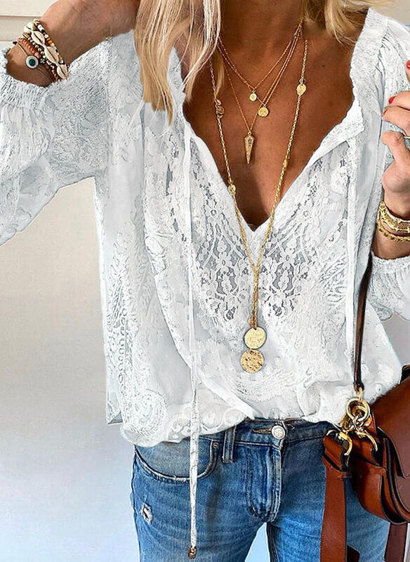 Damen Elegante und feminine Bluse mit V-Ausschnitt und Spitzenakzenten Drune
