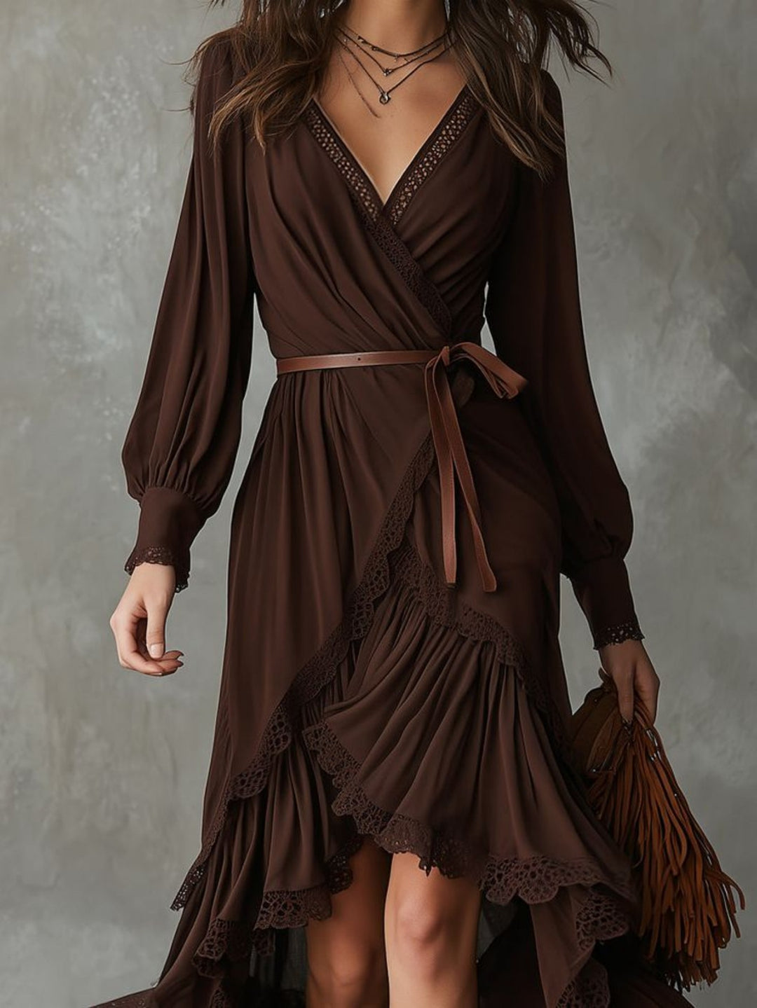Damen Wickelkleid mit Spitzendetails und fließendem Saum Drune