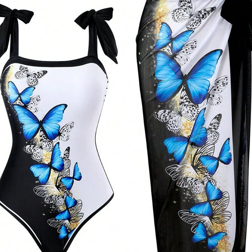Damen Einteiler Badeanzug mit schickem Wickelrock und Butterfly-Motiv Drune