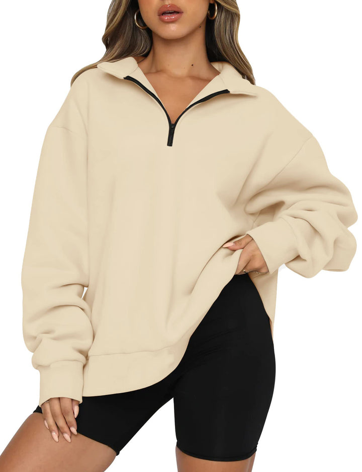 Damen lässiger Sweatpullover mit halbem Reißverschluss und überschnittenen Schultern Drune