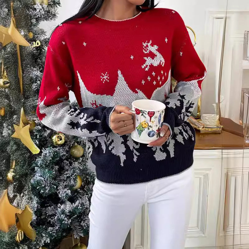 Damen festlicher Strickpullover mit winterlichem Landschaftsdesign Drune