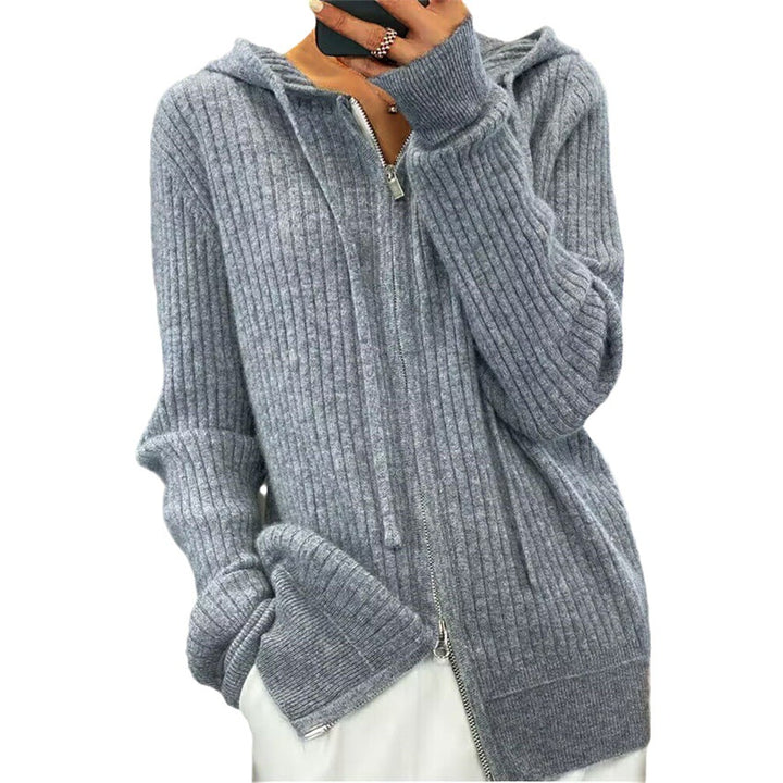 Damen nan oversized Rippstrick-Kapuzencardigan mit Zwei-Wege-Reißverschluss und Kaschmir-Blend Drune