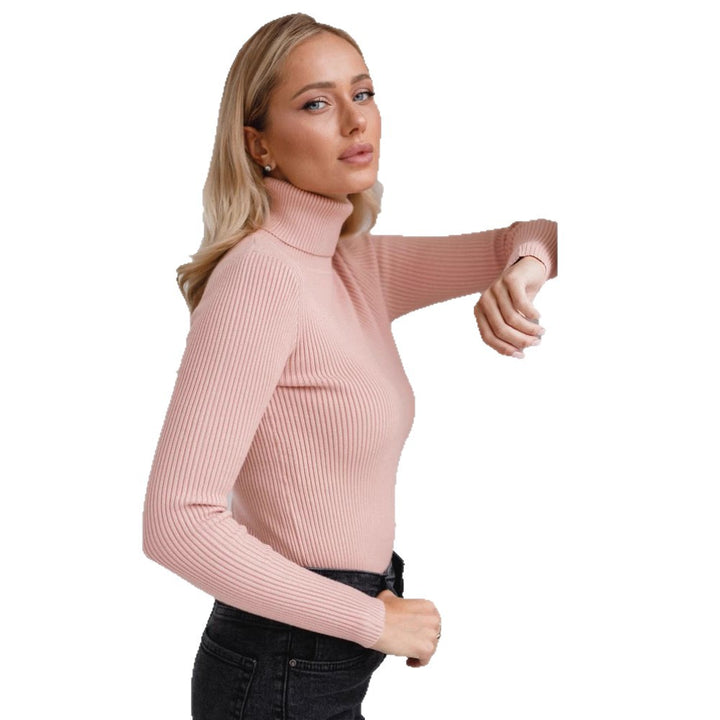 Damen elegante Rippstrickbluse mit hohem Kragen und enganliegendem Schnitt Drune